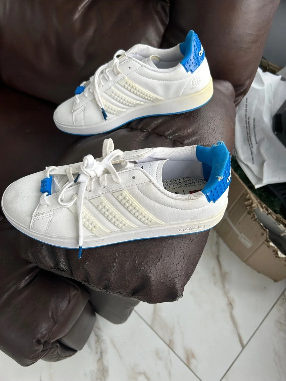 ADIDAS Men’s White Sneakers with Bright Blue LEGOS….. LEGO WORLD!!!!
